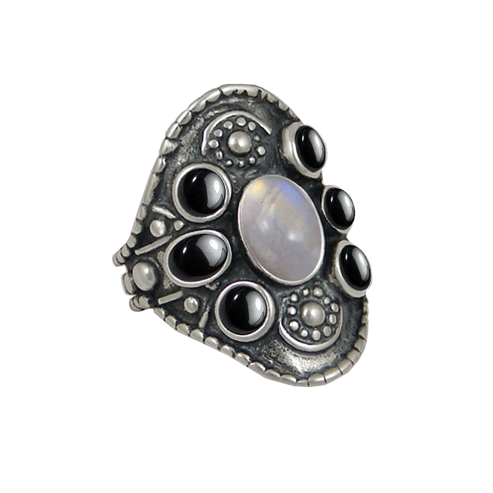 Sterling Silver High Queen's Ring With Rainbow Moonstone And Hematite Size 10